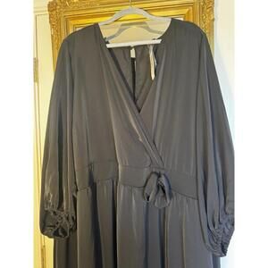 Torrid Black Dress Faux Wrap Side Tie Tea Length  V Neck  Size 28 Billow Sleeve